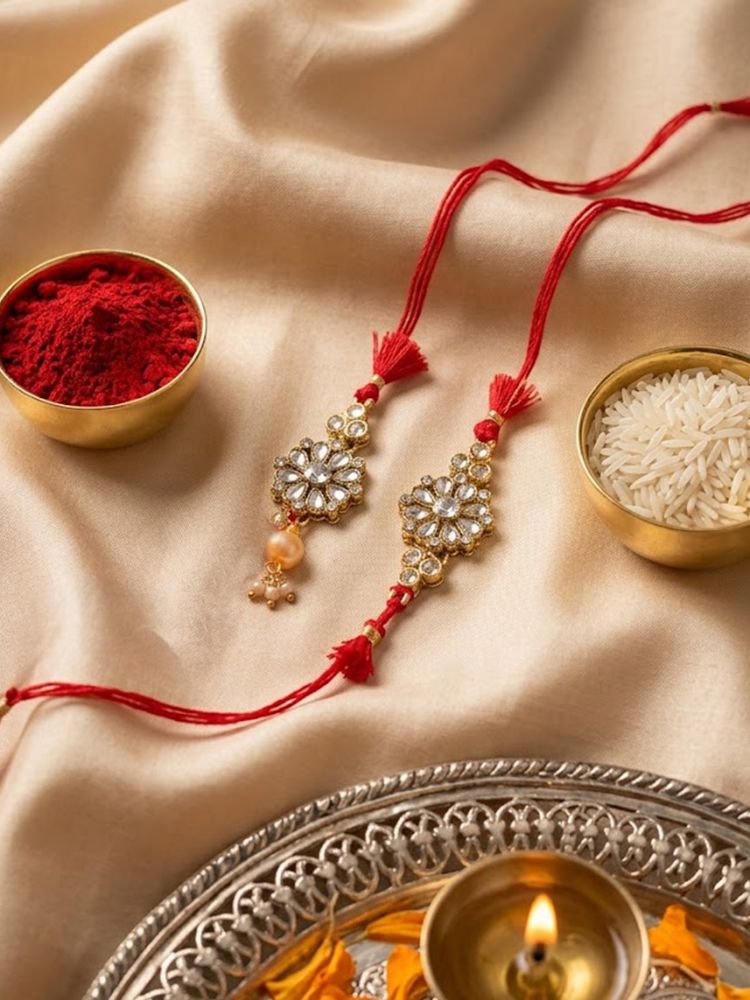 NVR Set of 2 Red Kundan Studded Floral Design Bhaiya Bhabhi Rakhi With Roli Chawal - Dista