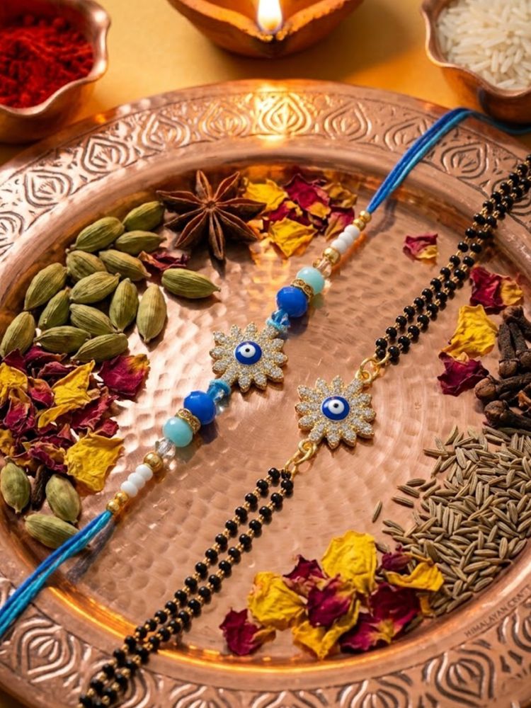 NVR Set of 2 Blue Evil Eye Artificial Stones Bhaiya Bhabhi Rakhi with Roli Chawal Chandan - Dista