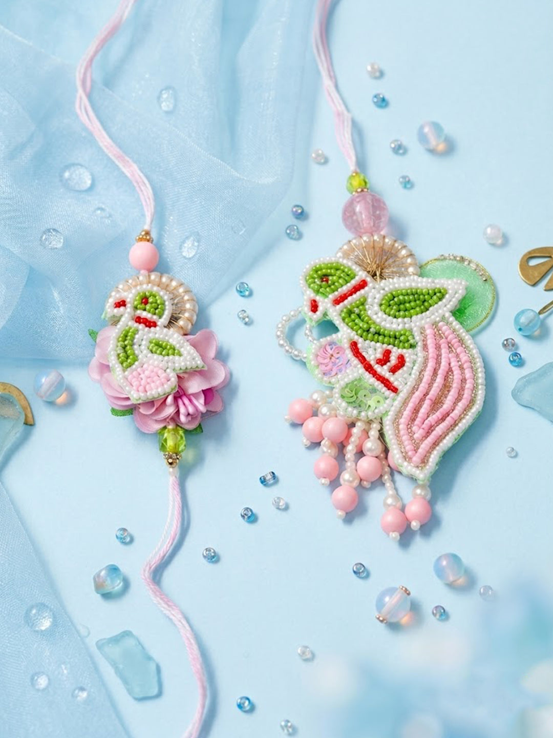 NVR Set of 2 Leaf Design Pearls & Artificial Stones Bhaiya Bhabhi Rakhi with Roli Chawal - Dista
