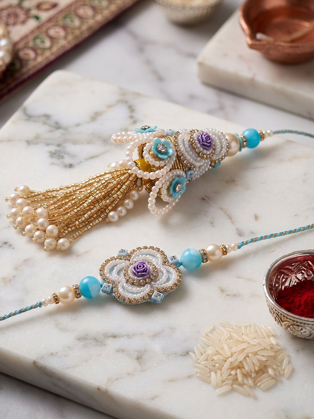 NVR Set of 2 Pearls & Artificial Stones Floral Bhaiya Bhabhi Rakhi with Roli Chawal - Dista