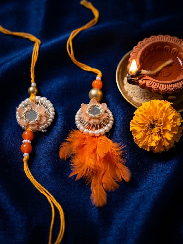 NVR Set of 4 Yellow Artificial Beads & White Pearls Bhaiya Bhabhi Rakhi With Roli Chawal - Dista