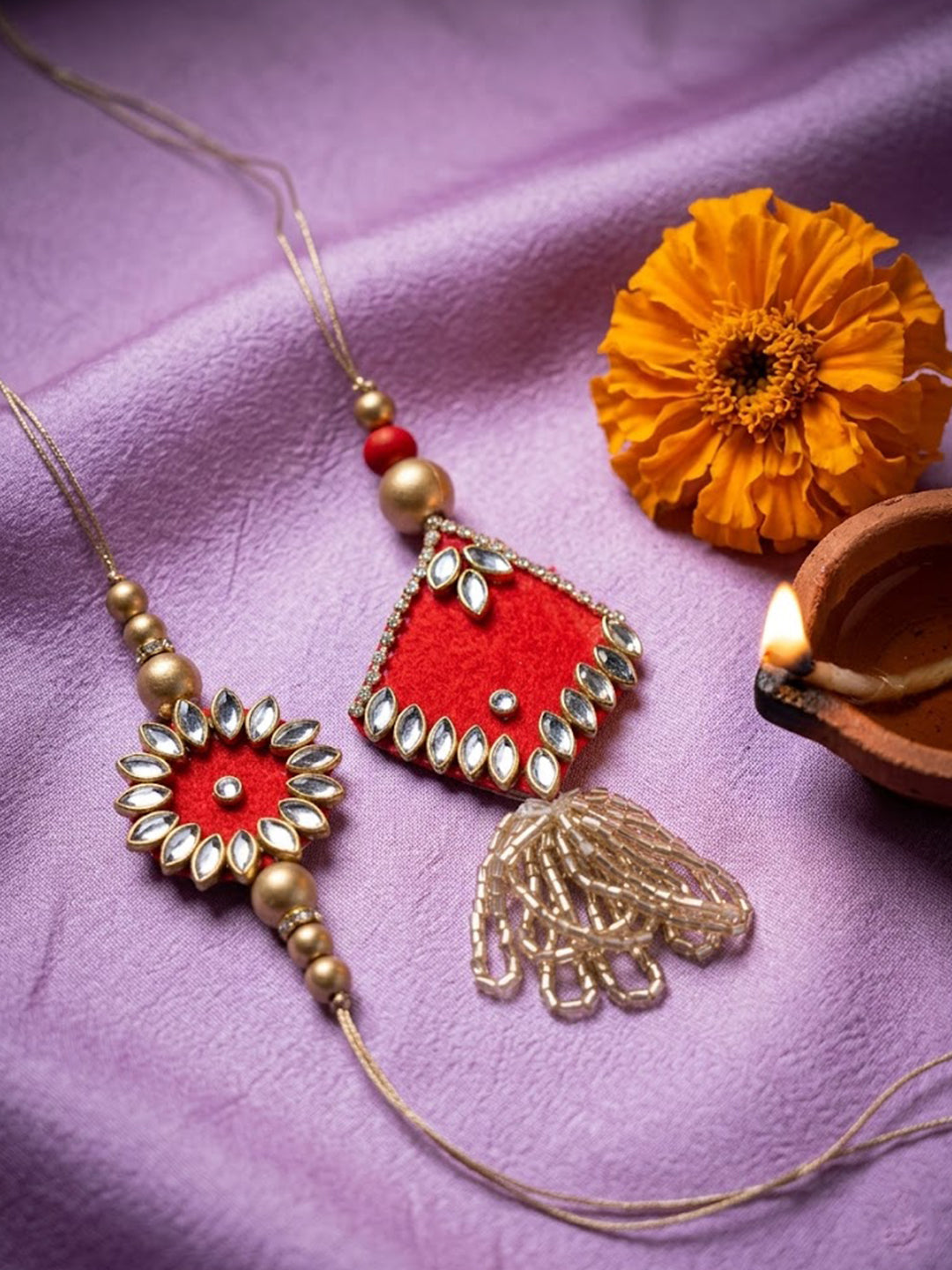 NVR Set of 2 Kundan Studded & Artificial Stones Bhaiya Bhabhi Rakhi with Roli Chawal - Dista