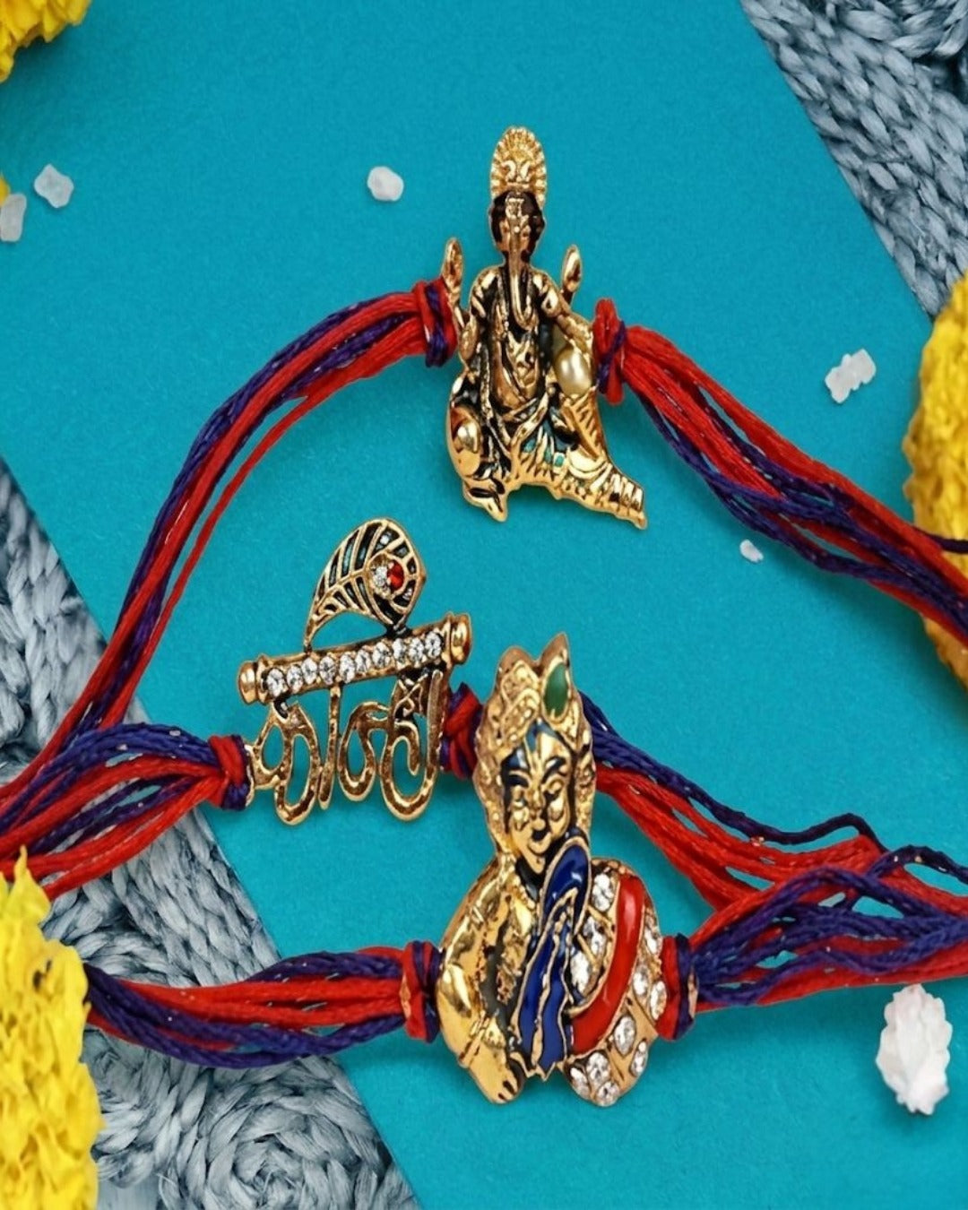 NVR Set of 3 Multicolor Religious Thread Rakhi with Roli Chawal Chandan Mishri - Dista