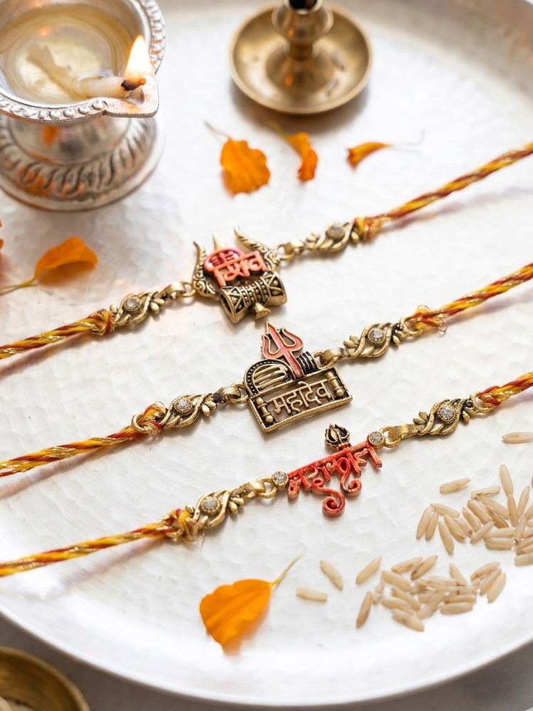 NVR Set of 3 Multicolor Mahadev Divine Thread Rakhi with Roli Chawal Chandan Mishri - Dista