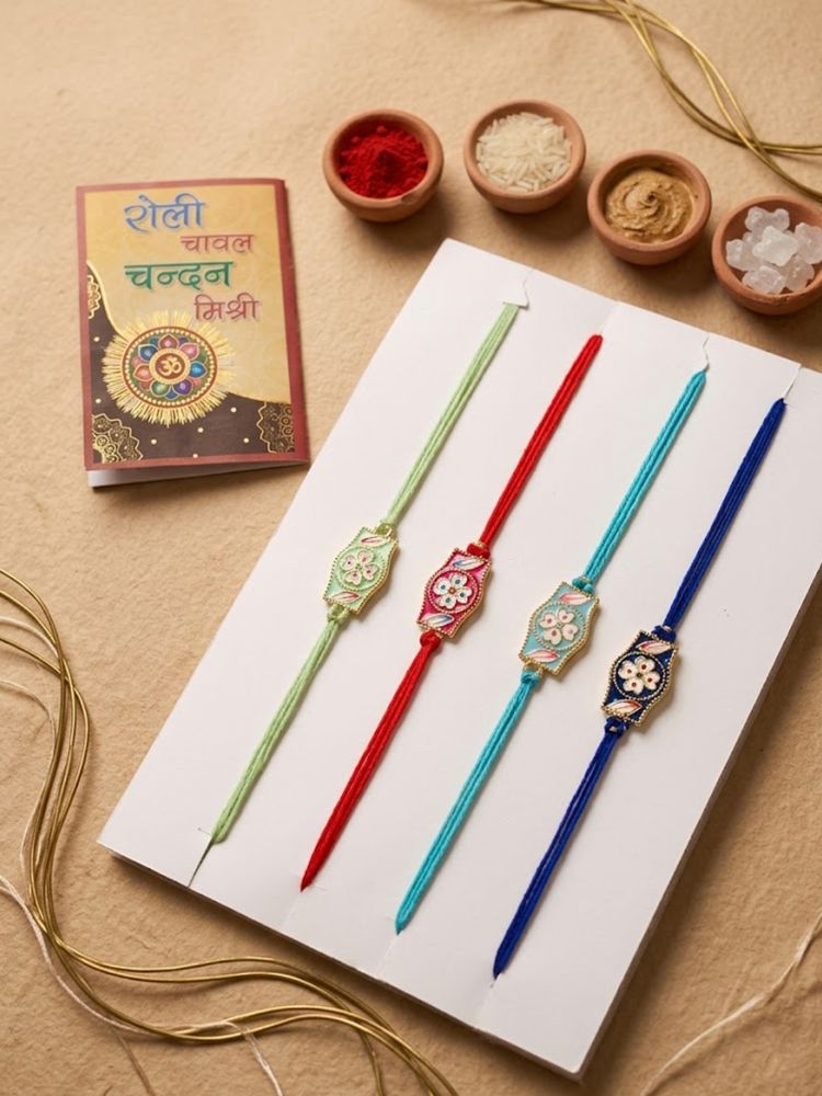 NVR Set of 4 Multicolor Heart Shape Thread Rakhi with Roli Chawal Chandan Mishri - Dista