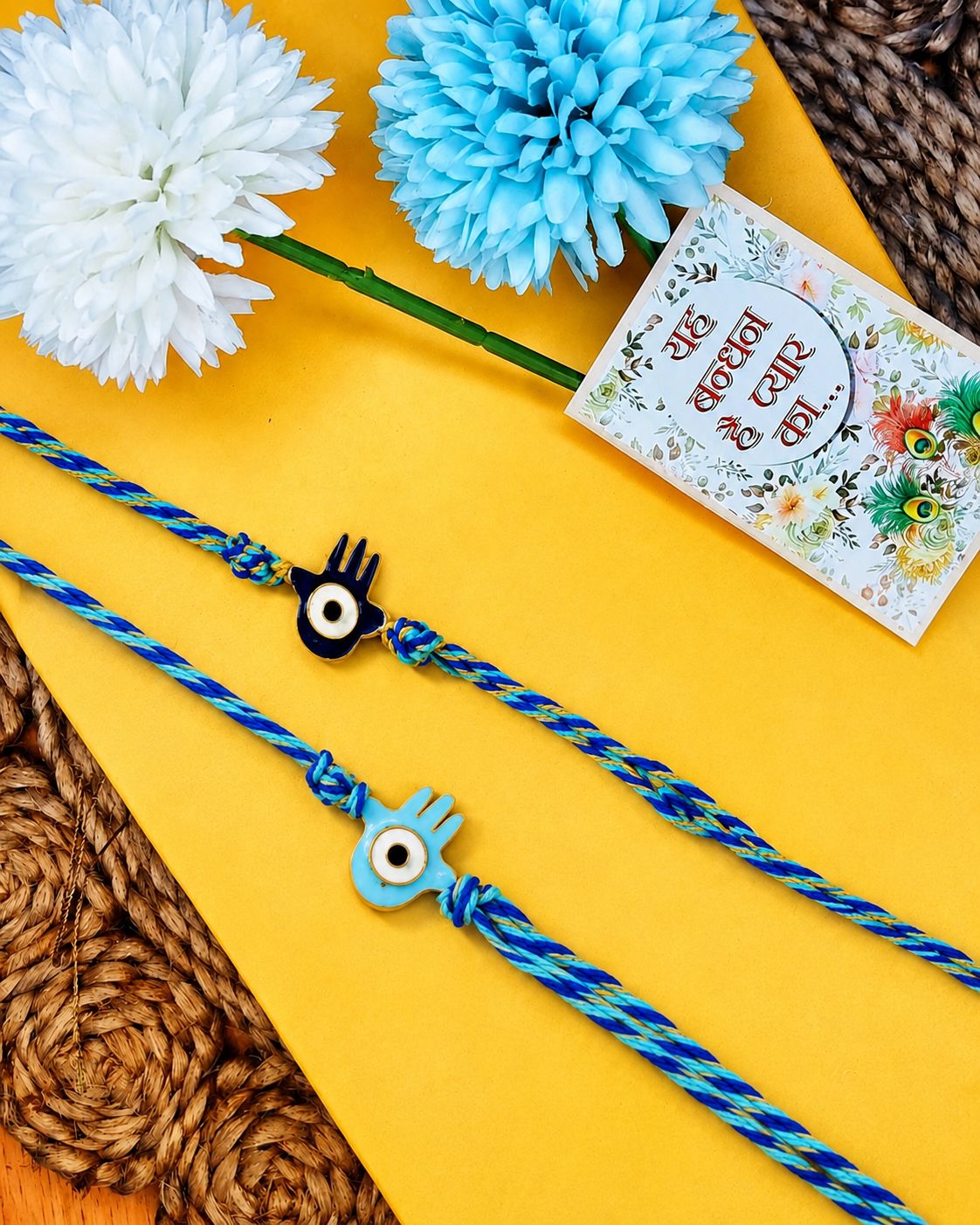 NVR Set of 2 Evil Eye & Blue Thread Rakhi with Roli Chawal Chandan Mishri - Dista