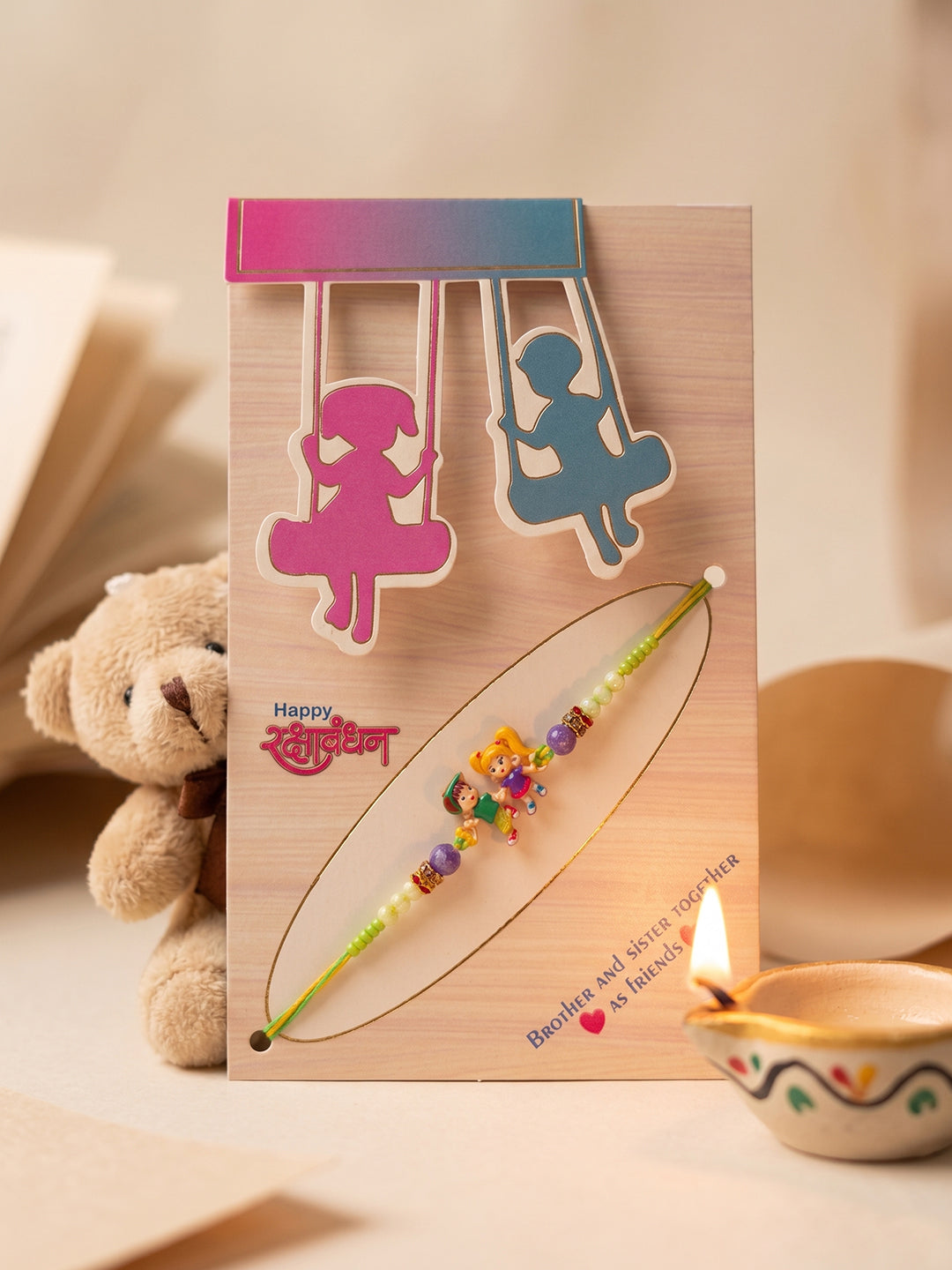 NVR Kids Multicolor Artificial Beads Thread Rakhi with Roli Chawal Chandan Chandan Mishri - Dista