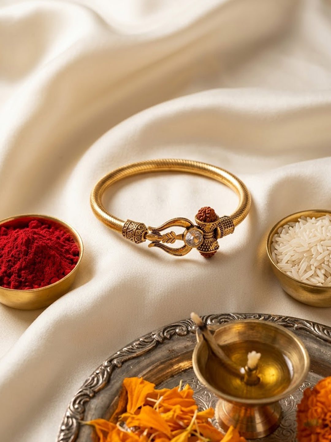 NVR Gold Plated Trishool Design Rudraksh Rakhi Bracelet with Roli Chawal Chandan Mishri - Dista