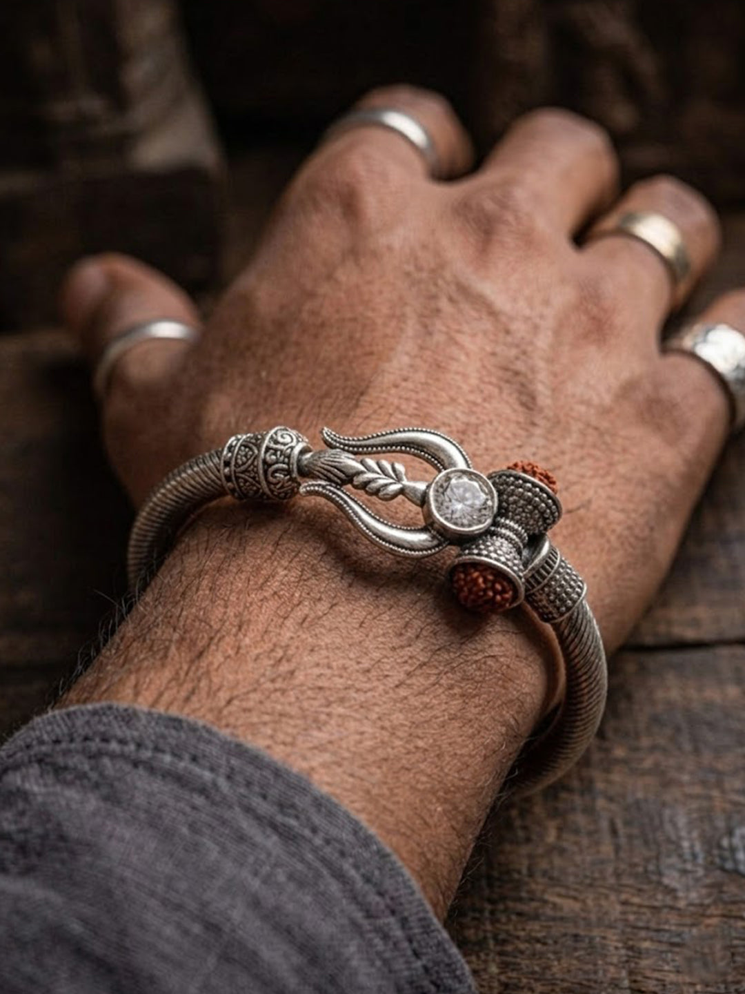 NVR Silver Plated Trishool Design Rudraksh Rakhi Bracelet with Roli Chawal Chandan Mishri - Dista