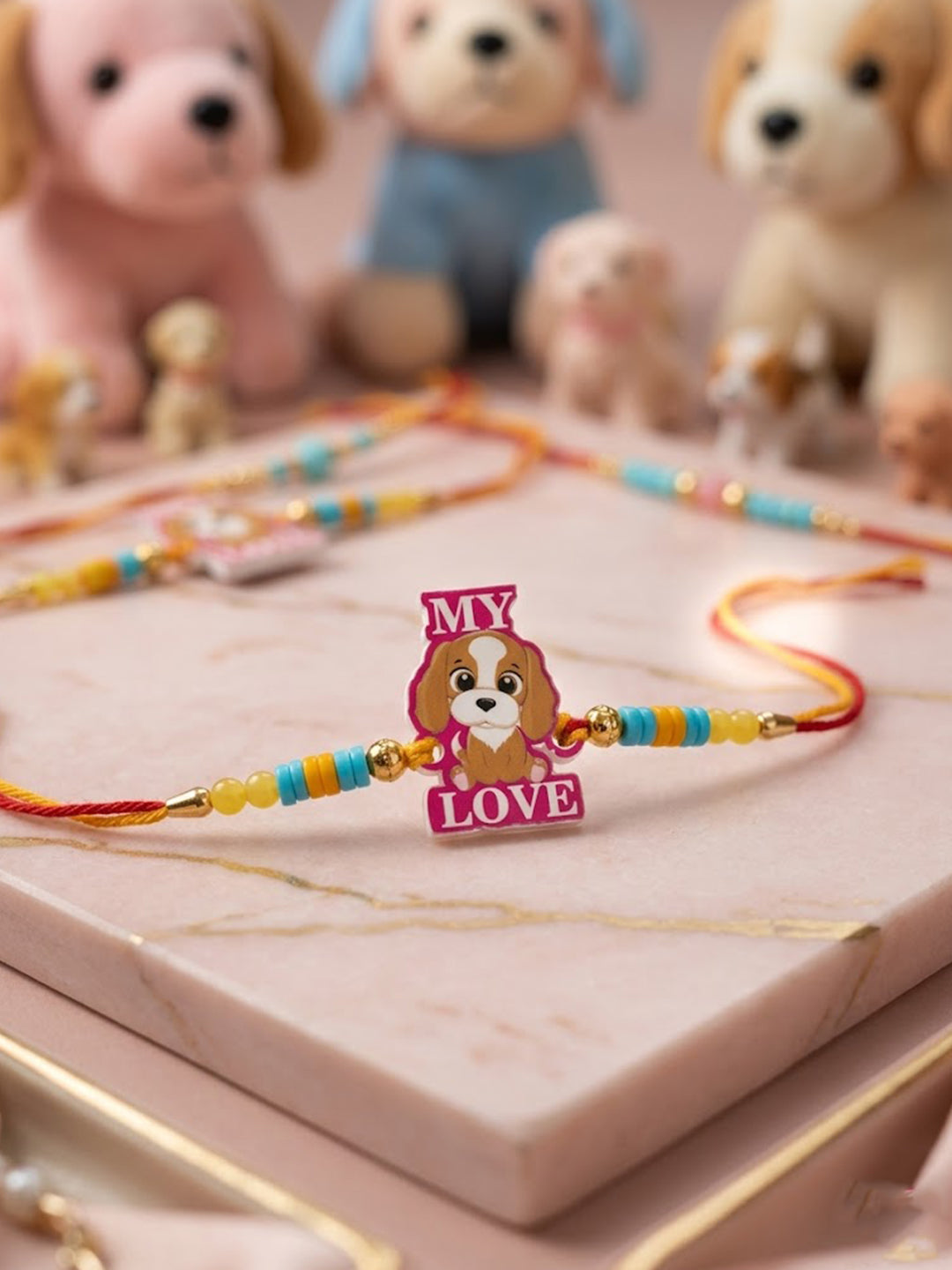NVR Stylish Artificial Beads Kids Thread Rakhi with Roli Chawal Chandan Mishri - Dista