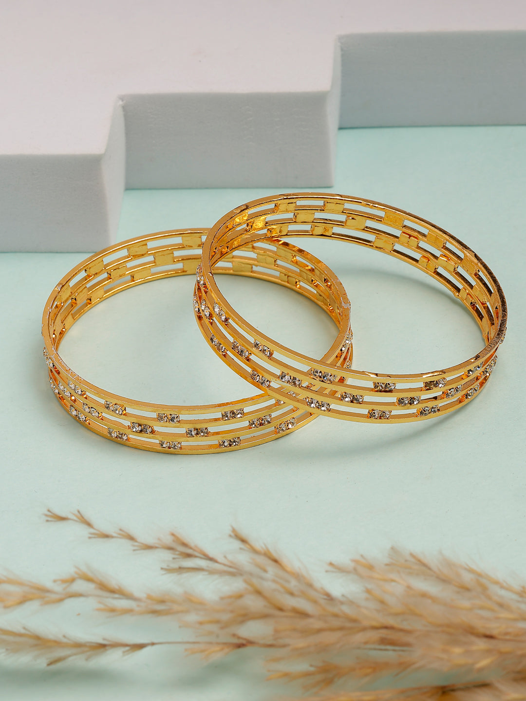 NVR Women's Set of 2 Gold-Polished Cubic Zirconia Stone Studded Bangles - Distacart