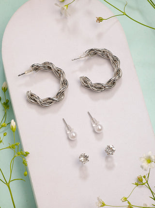 NVR Women's Set of 3 Silver-Plated Artificial Stones Half Hoop Earrings - Distacart