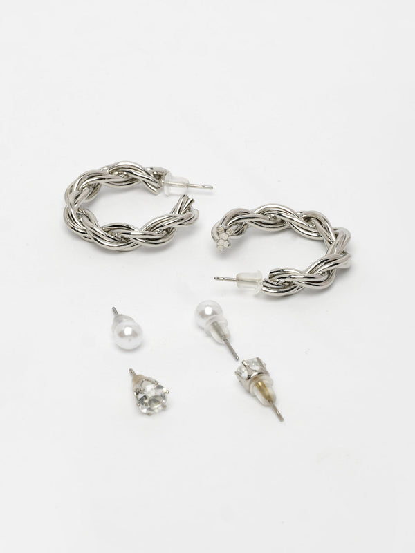 NVR Women's Set of 3 Silver-Plated Artificial Stones Half Hoop Earrings - Distacart