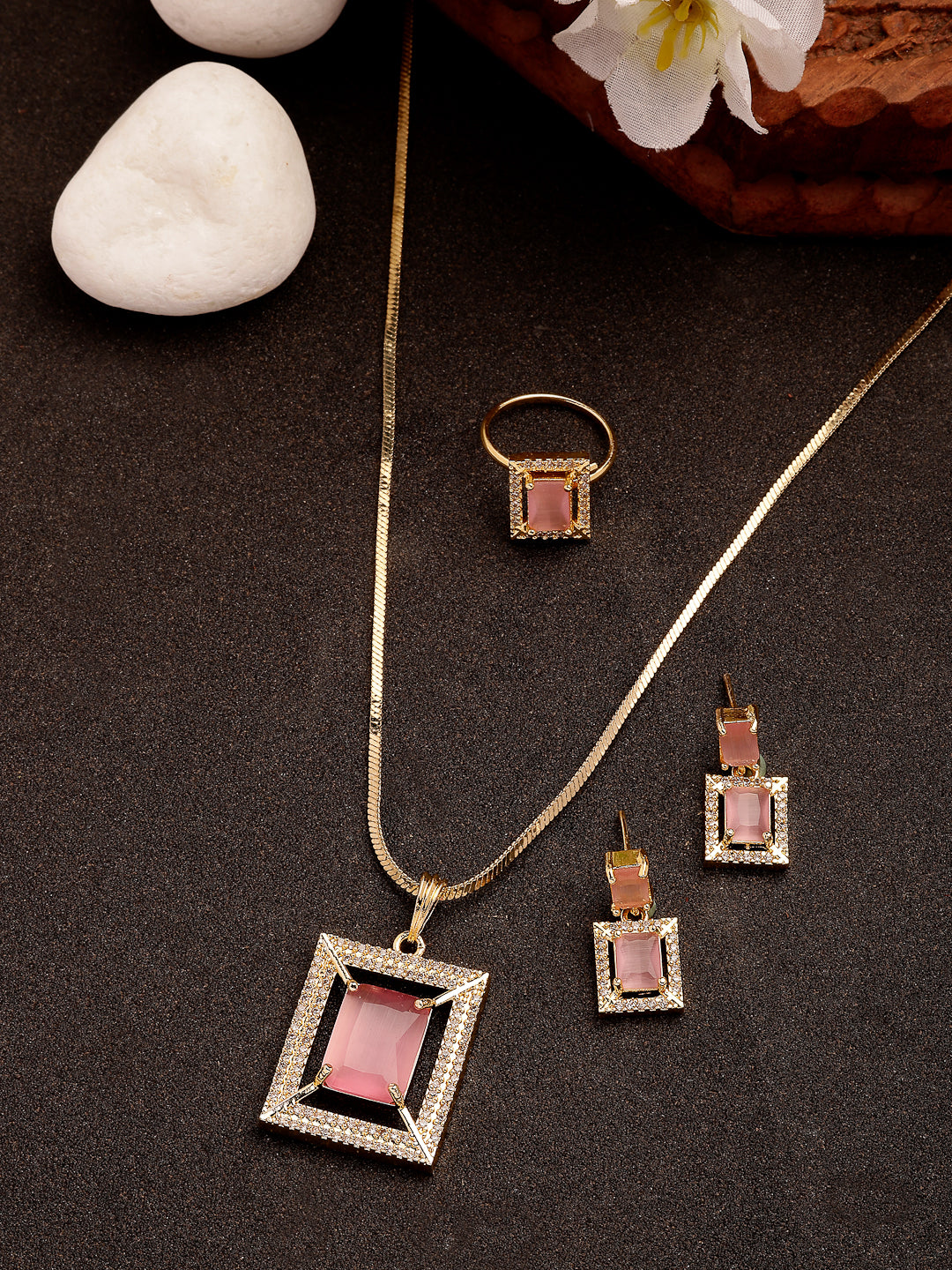NVR Women Gold-Polished Pink American Diamond-Studded Pendant Set with Ring - Distacart