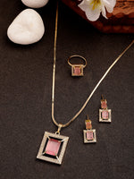 Thumbnail for NVR Women Gold-Polished Pink American Diamond-Studded Pendant Set with Ring - Distacart