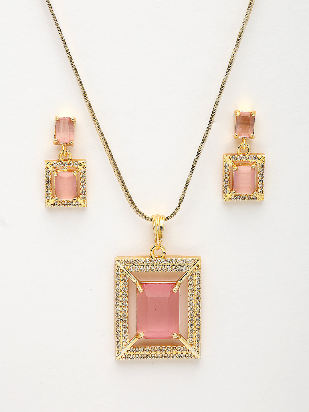 NVR Women Gold-Polished Pink American Diamond-Studded Pendant Set with Ring - Distacart