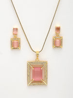 Thumbnail for NVR Women Gold-Polished Pink American Diamond-Studded Pendant Set with Ring - Distacart