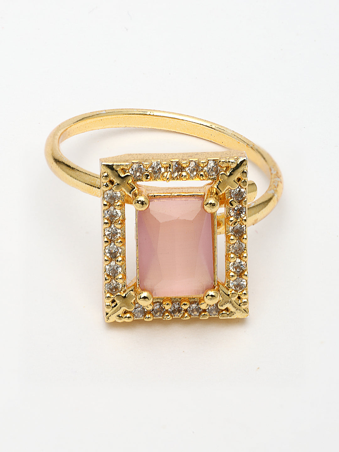 NVR Women Gold-Polished Pink American Diamond-Studded Pendant Set with Ring - Distacart