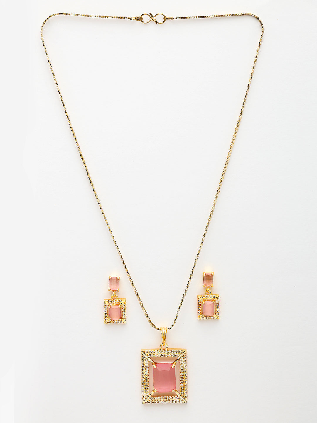 NVR Women Gold-Polished Pink American Diamond-Studded Pendant Set with Ring - Distacart