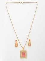 Thumbnail for NVR Women Gold-Polished Pink American Diamond-Studded Pendant Set with Ring - Distacart