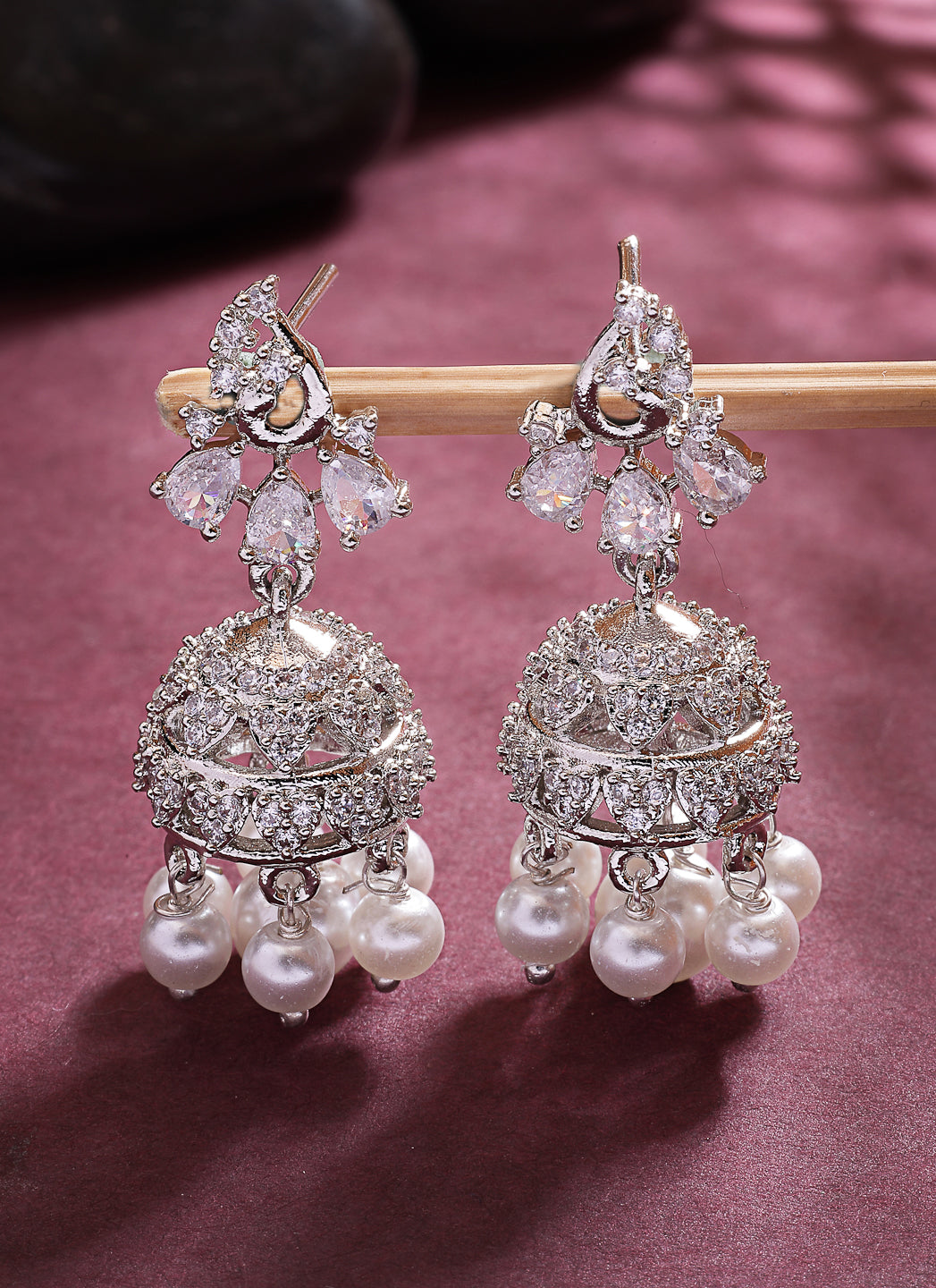 NVR Wome's Silver-Plated AD- Studded Jhumki Earrings - Distacart