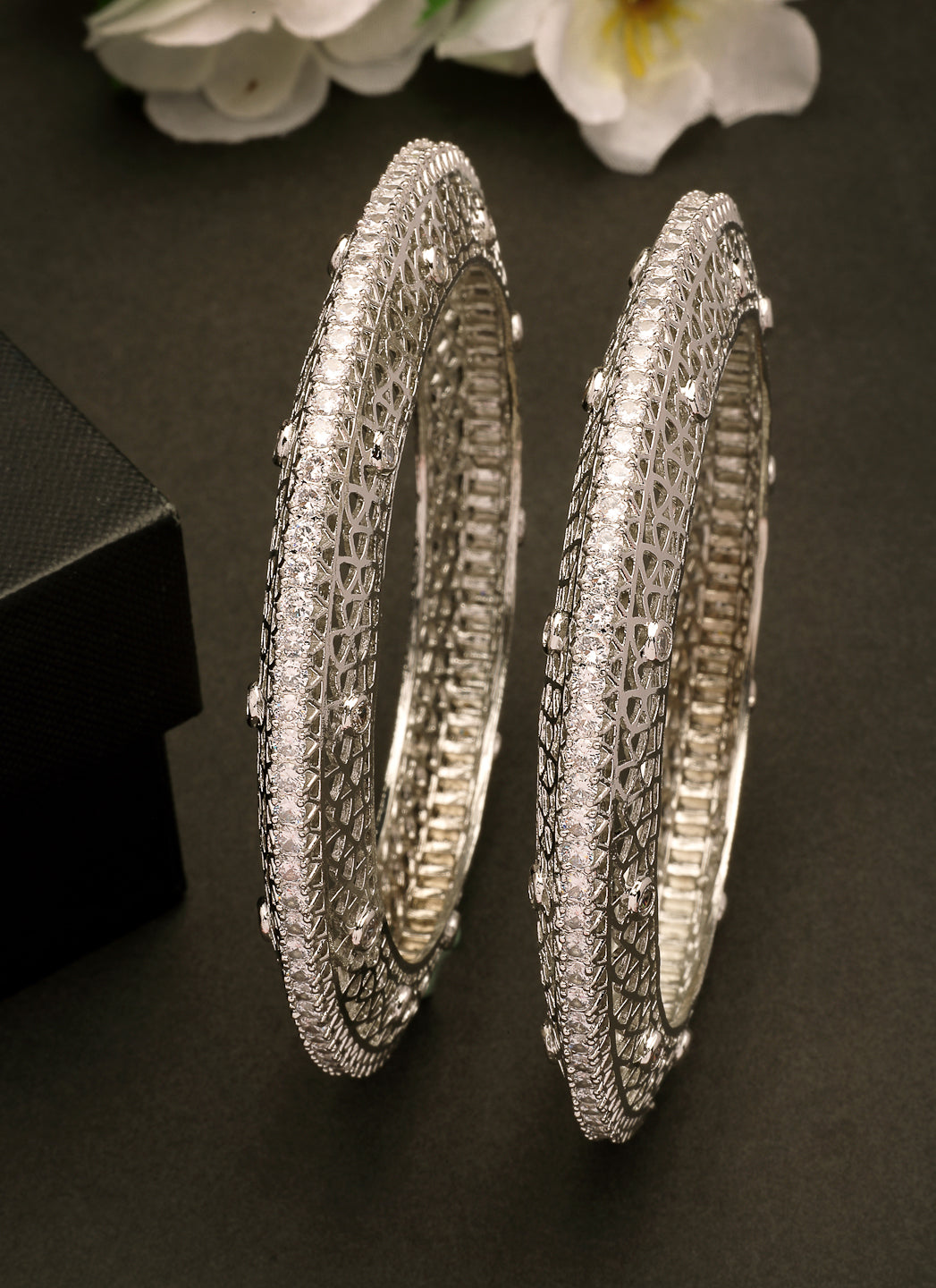 NVR Women's Set of 2 Silver-Plated American Diamond Studded Bangles - Distacart