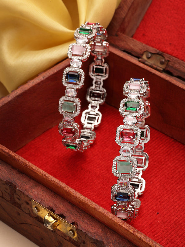 NVR Women's Set of 2 Multicolor Silver-Plated American Diamond Studded Bangles