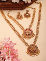 Thumbnail for NVR Women's Set of 2 Gold-Polished Red & Green Stone Studded Peacock Design Temple Jewellery Set - Distacart