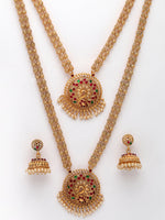 Thumbnail for NVR Women's Set of 2 Gold-Polished Red & Green Stone Studded Peacock Design Temple Jewellery Set - Distacart