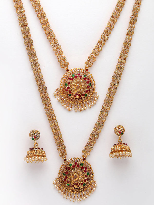 NVR Women's Set of 2 Gold-Polished Red & Green Stone Studded Peacock Design Temple Jewellery Set - Distacart