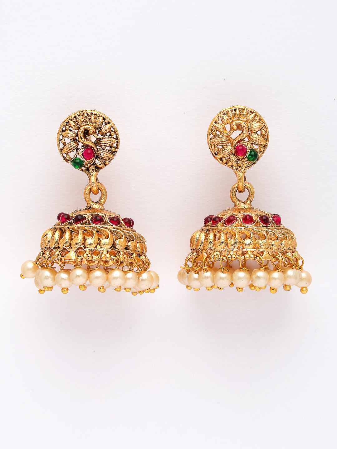 NVR Women's Set of 2 Gold-Polished Red & Green Stone Studded Peacock Design Temple Jewellery Set - Distacart