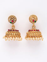 Thumbnail for NVR Women's Set of 2 Gold-Polished Red & Green Stone Studded Peacock Design Temple Jewellery Set - Distacart