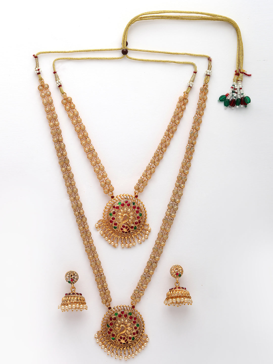 NVR Women's Set of 2 Gold-Polished Red & Green Stone Studded Peacock Design Temple Jewellery Set - Distacart