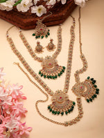 Thumbnail for NVR Women's Set of 2 Gold-Polished Stone Studded Temple Jewellery Set with Maangtikka & Kamarbandh - Distacart