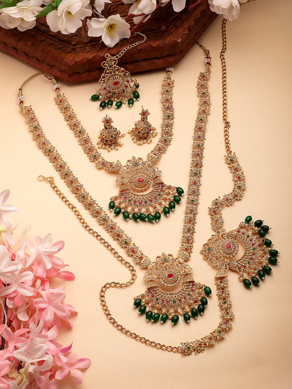 NVR Women's Set of 2 Gold-Polished Stone Studded Temple Jewellery Set with Maangtikka & Kamarbandh - Distacart