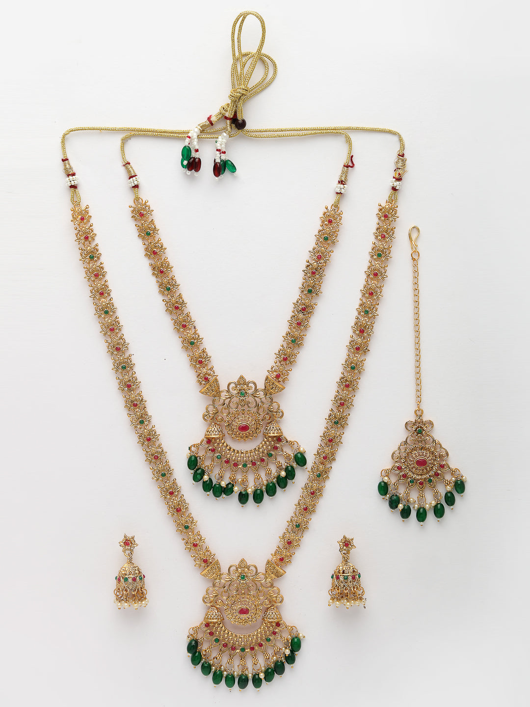 NVR Women's Set of 2 Gold-Polished Stone Studded Temple Jewellery Set with Maangtikka & Kamarbandh - Distacart