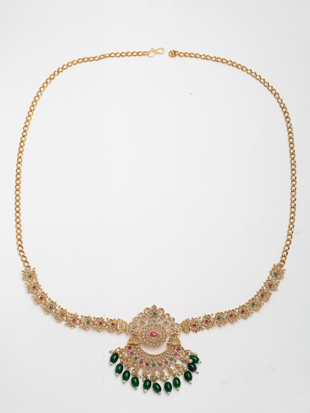 NVR Women's Set of 2 Gold-Polished Stone Studded Temple Jewellery Set with Maangtikka & Kamarbandh - Distacart
