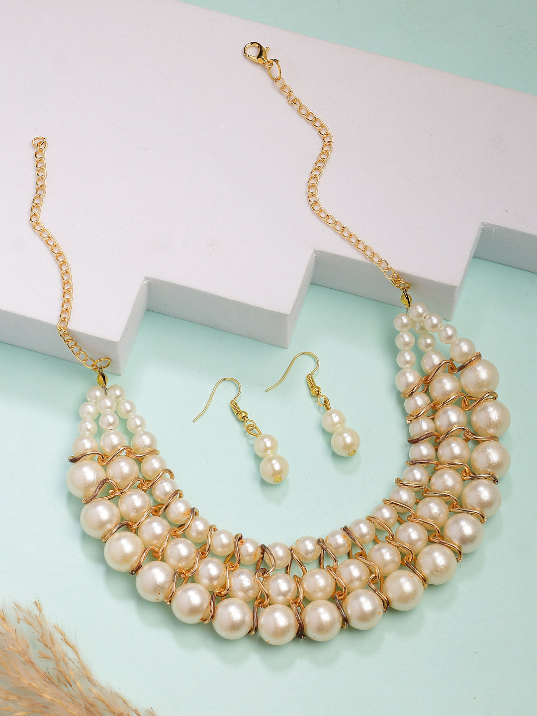 NVR Women's Gold-Polished White Pearl-Beaded Handcrafted Jewellery Set - Distacart