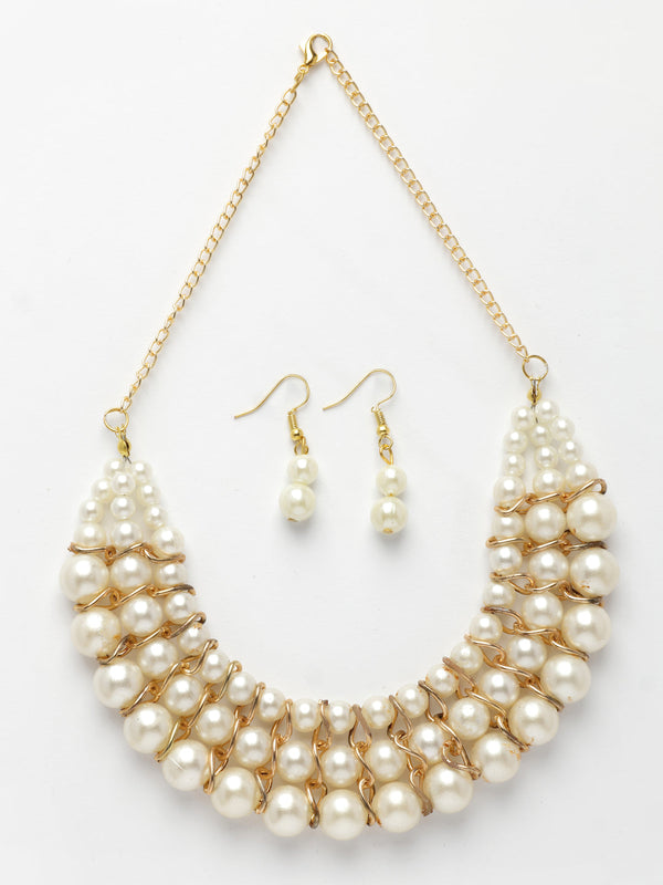 NVR Women's Gold-Polished White Pearl-Beaded Handcrafted Jewellery Set - Distacart