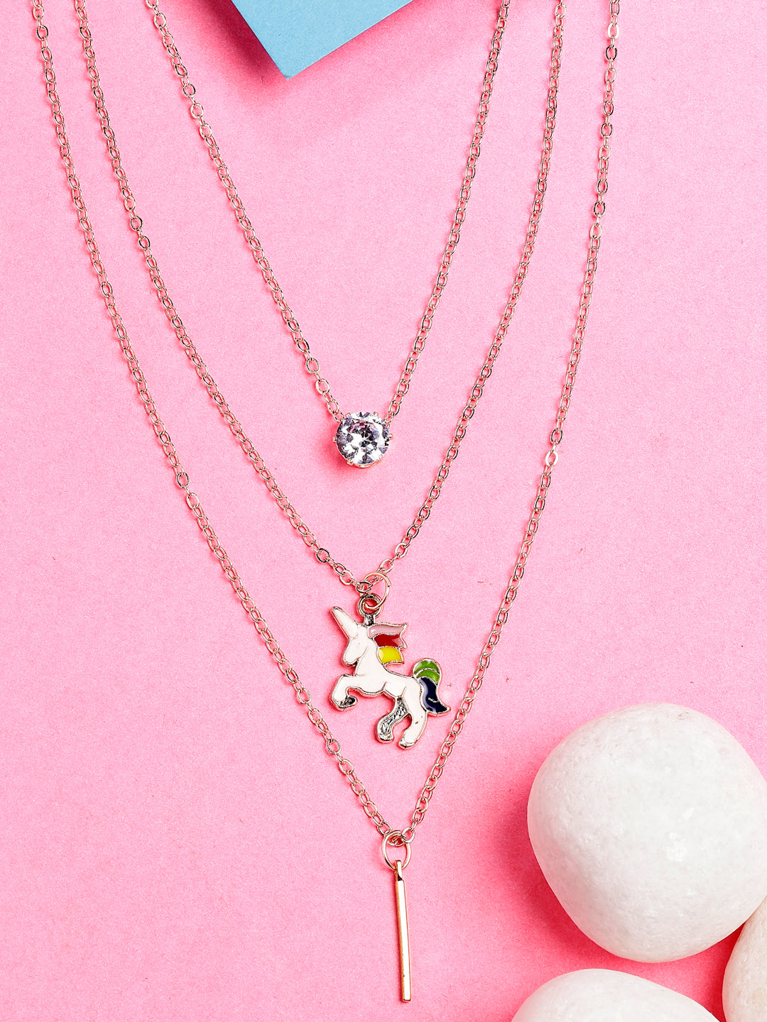 NVR Women's Rose Gold-Polished Artificial Stones Unicorn Layered Chain - Distacart