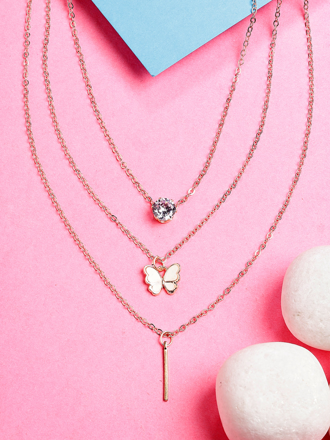 NVR Women's Rose Gold-Polished Artificial Stones Butterfly-shaped Layered Chain - Distacart