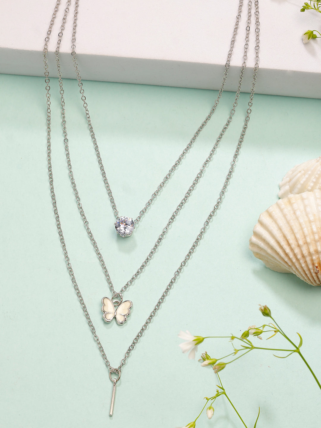 NVR Women's Silver-Toned Artificial Stones Butterfly-shaped Layered Chain - Distacart