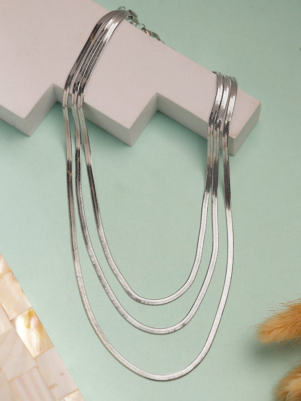 NVR Women's German Silver Plated Oxidised Minimal Layered Chain