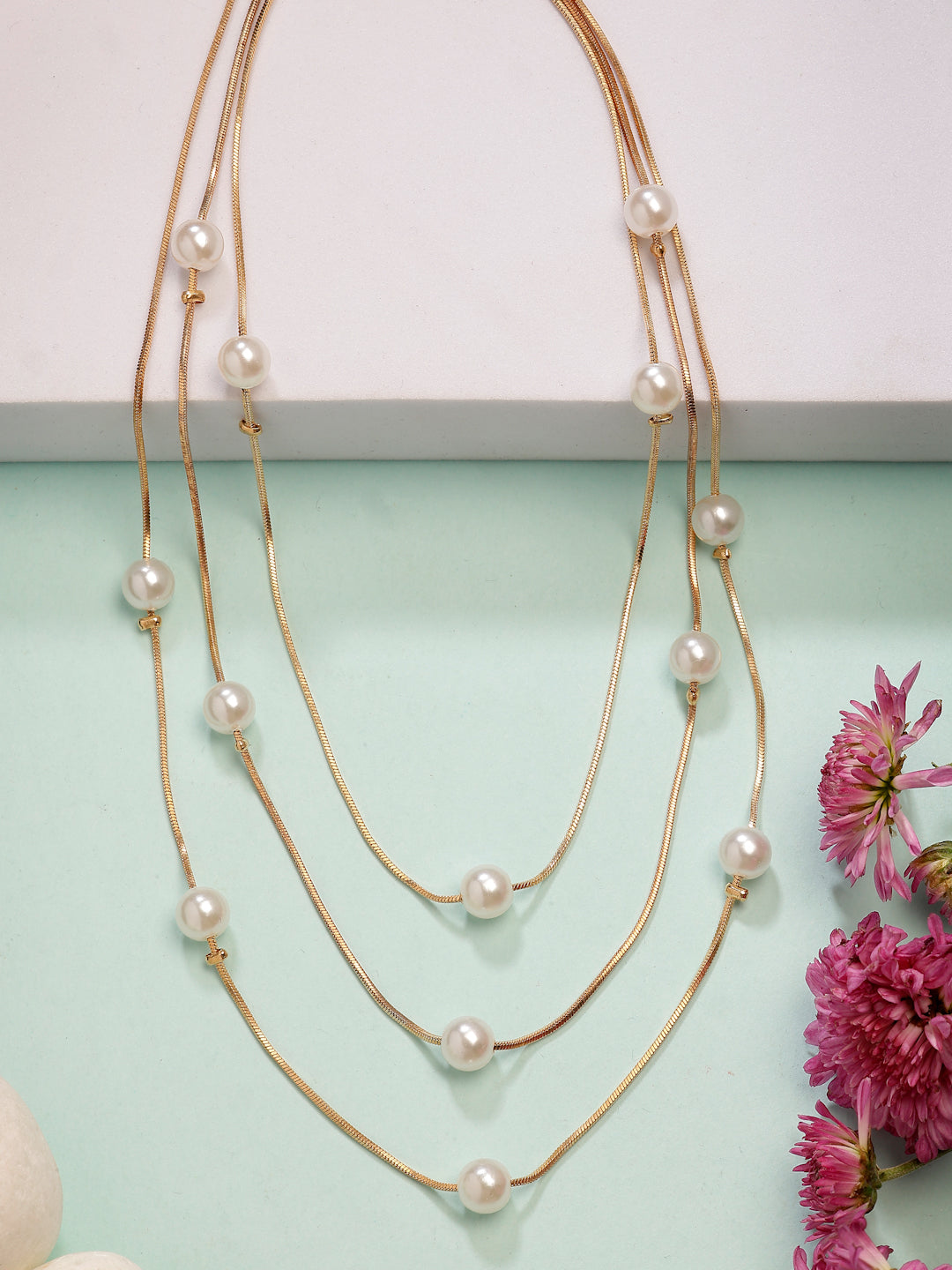 NVR Women's Gold-Polished White Pearls Party Layered Chain - Distacart