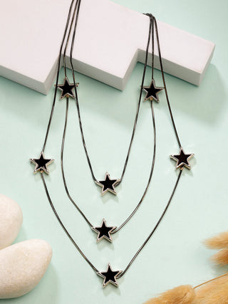 NVR Women's Black Star-Shaped Layered Fashion Necklace