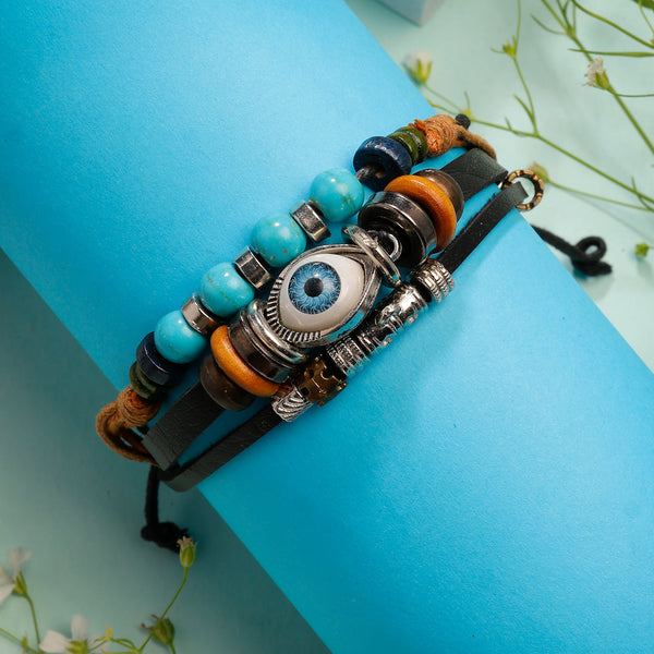 NVR Men's Evil Eye Multi-Coloured Leather Wraparound Bracelet - Distacart