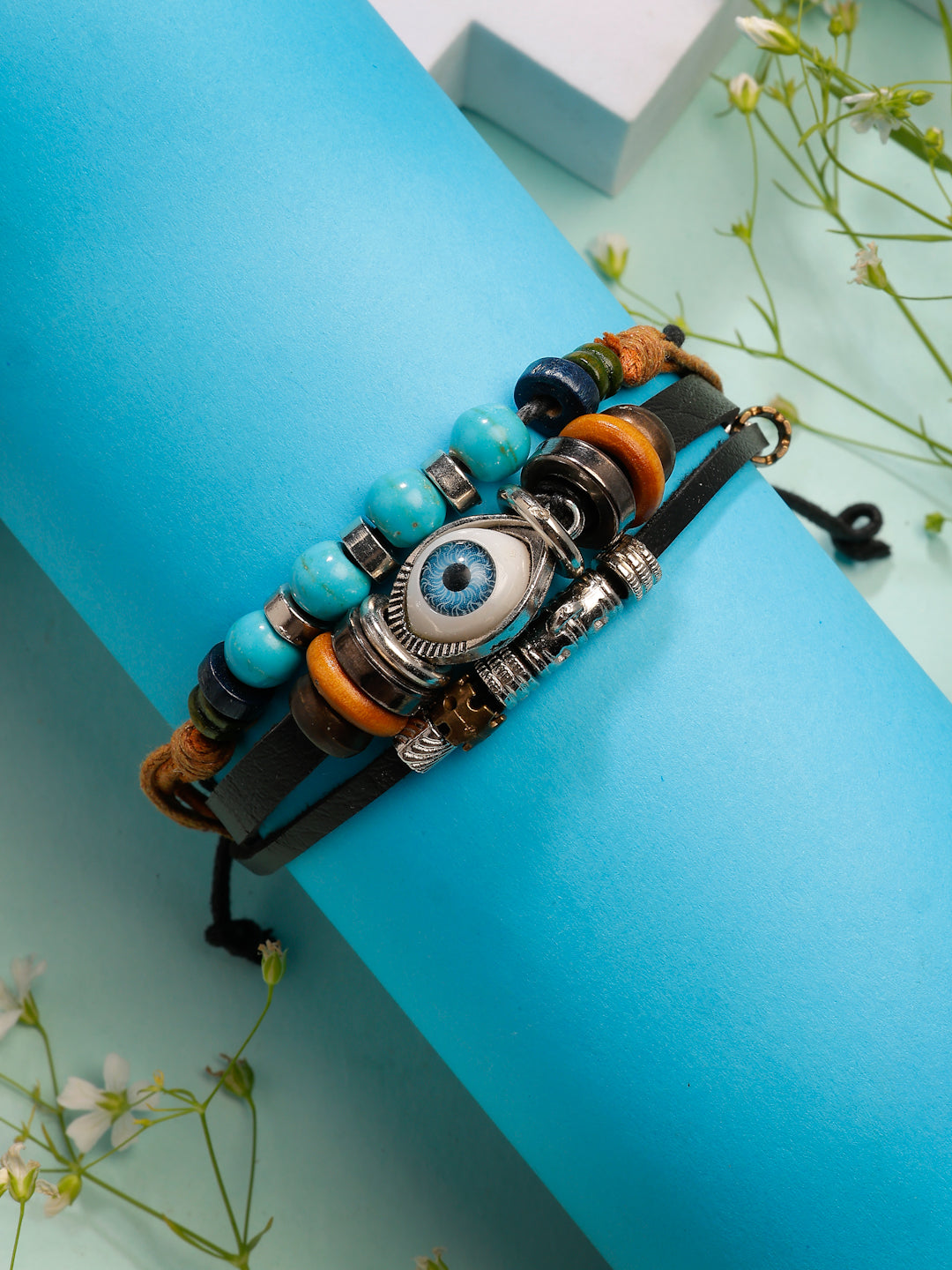 NVR Men's Evil Eye Multi-Coloured Leather Wraparound Bracelet - Distacart