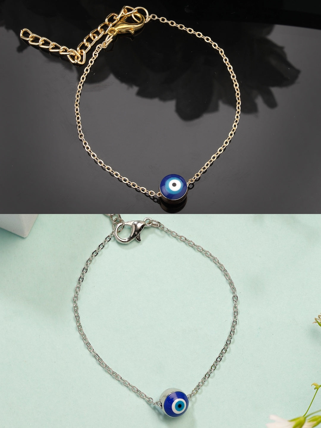 NVR Women's Set of 2 Gold & Silver Polished Evil eye Link Bracelet - Distacart