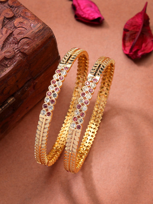 NVR Women's Set of 2 Gold-Polished Cubic Zirconia Stone Studded Bangles