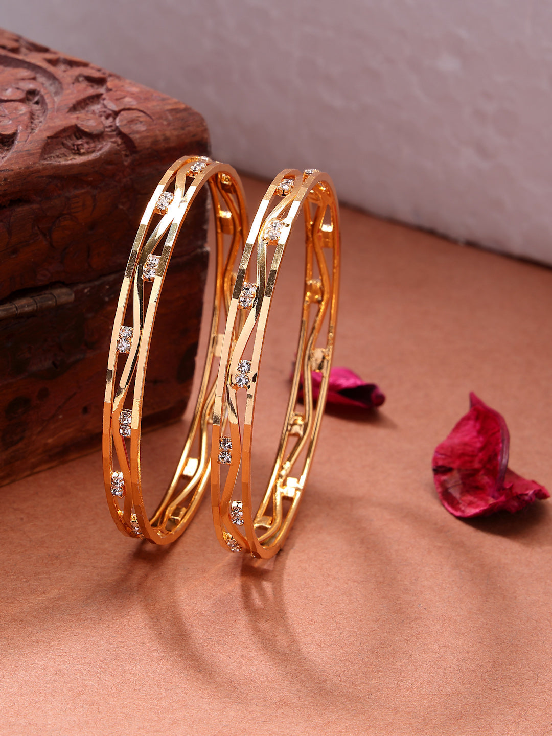 NVR Women's Set of 2 Gold-Polished Cubic Zirconia Stone Studded Bangles - Distacart